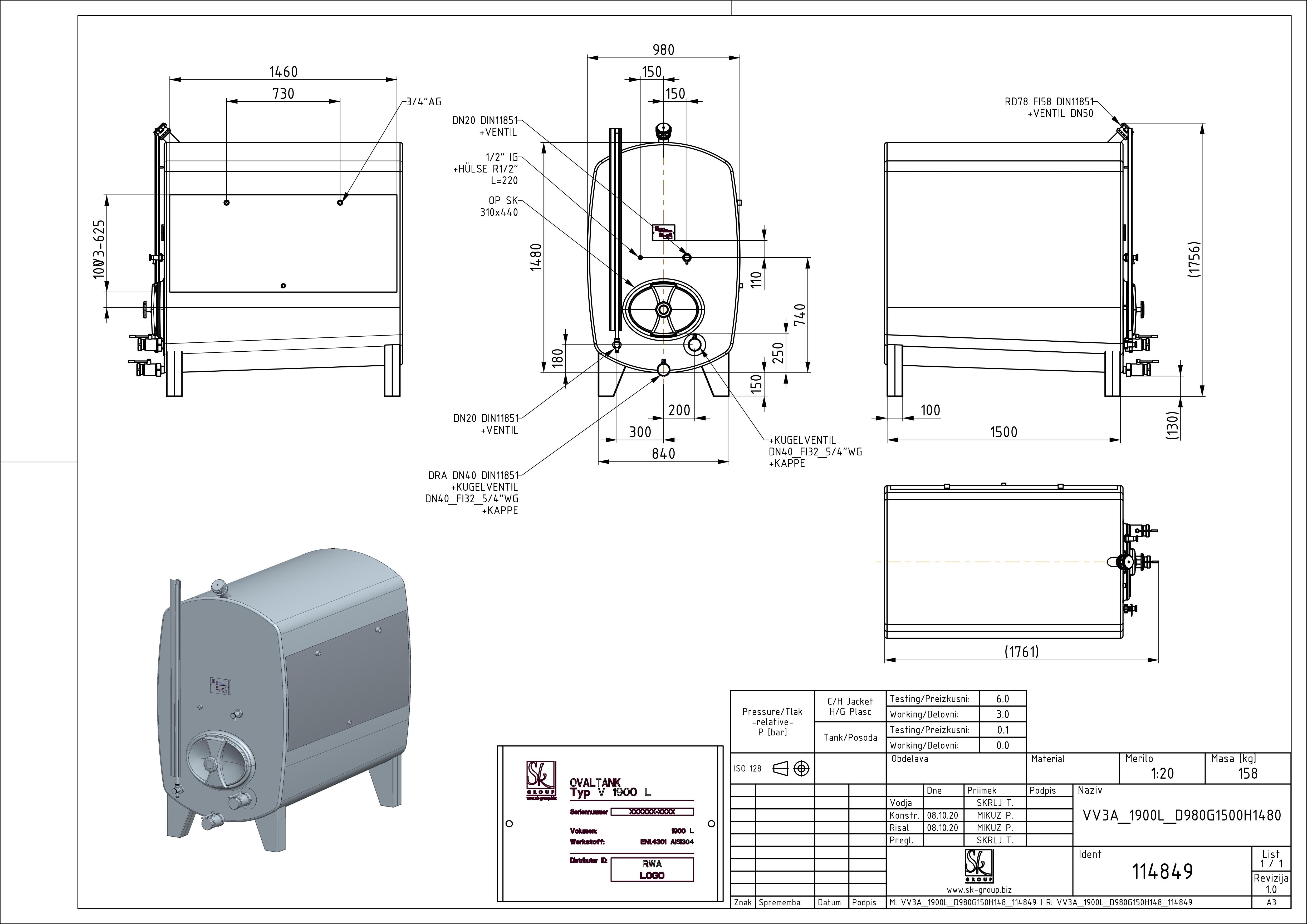 Oval storage tank with double jacket