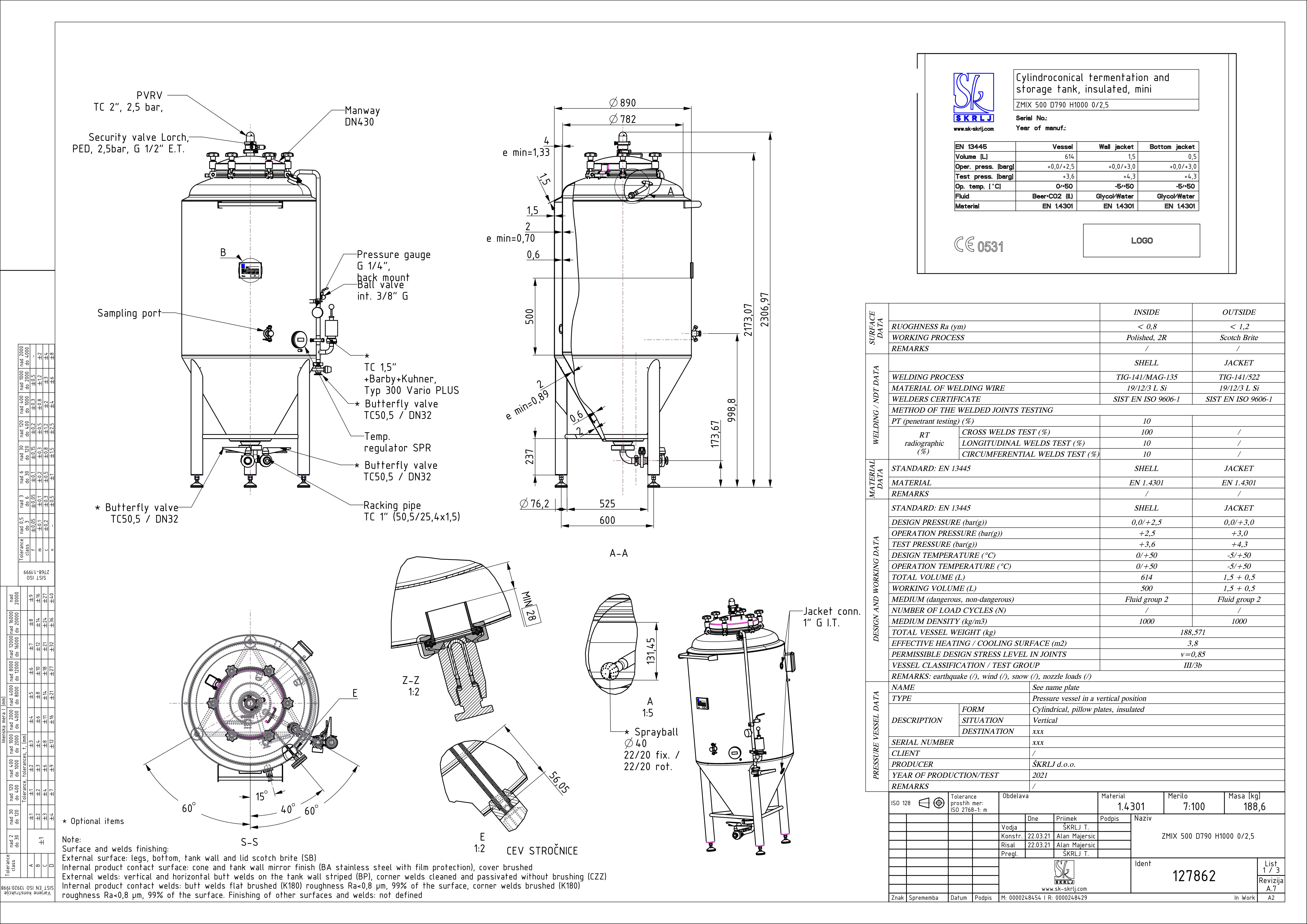 Cylindroconical fermentation and storage tank, insulated, mini