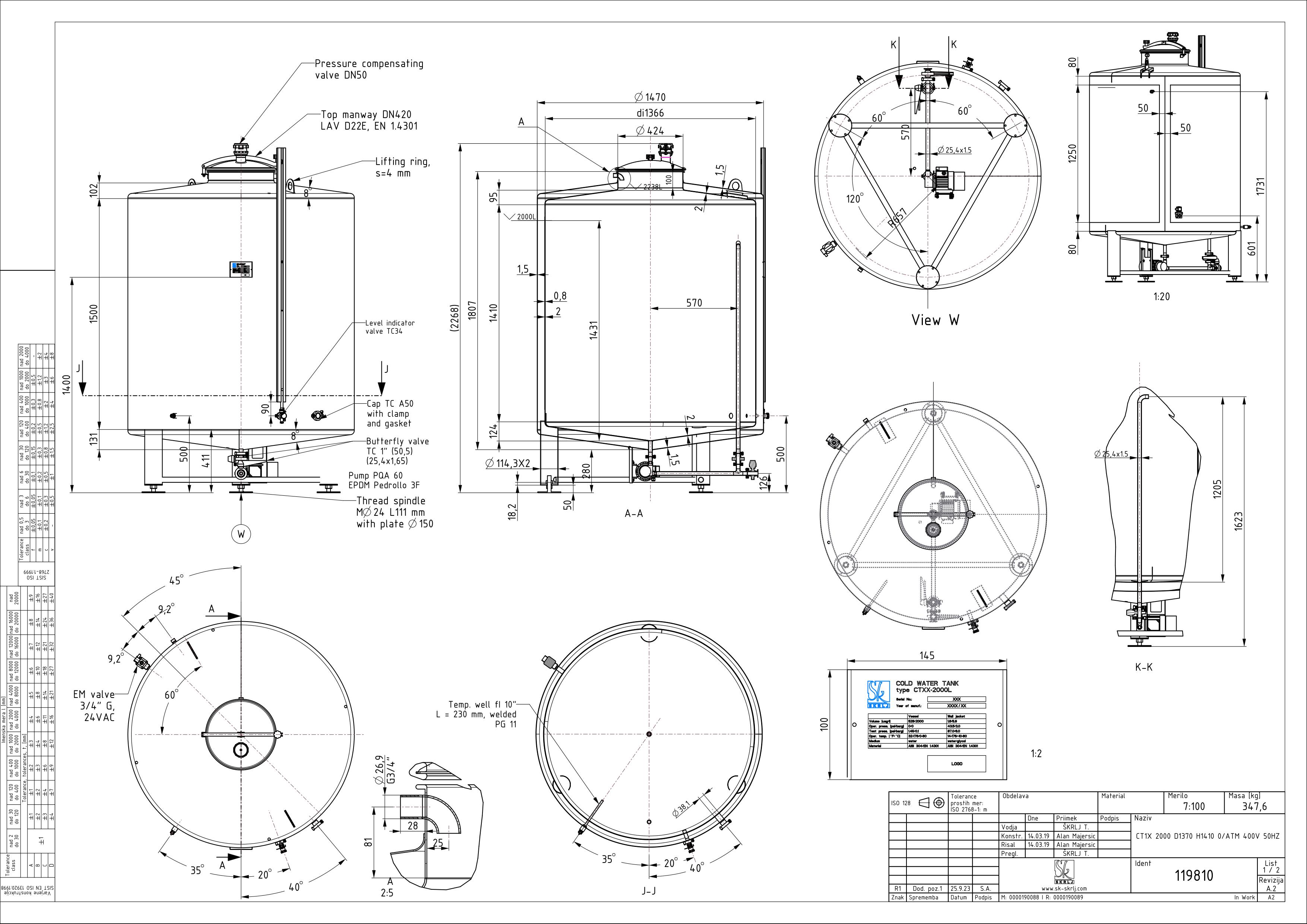 Cold water tank with double jacket