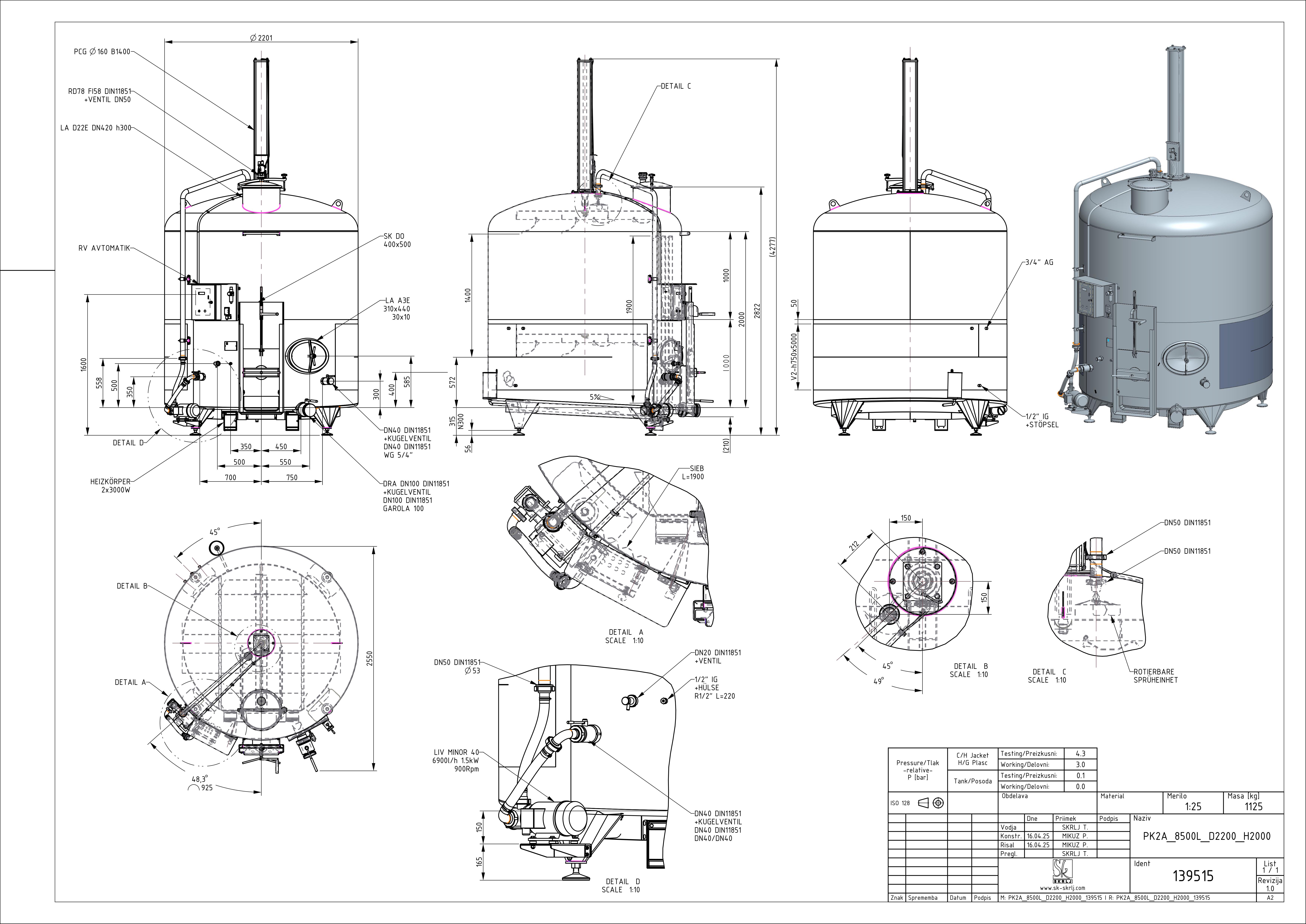 Punch-down fermenter with double jacket